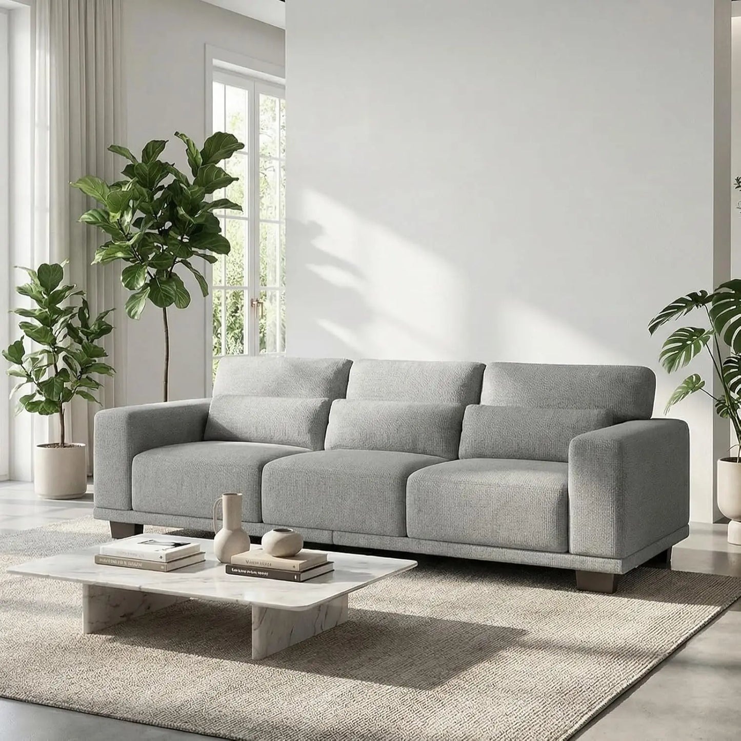 Modern 3 Seat Sofa Linen Upholstered Couch For Living Room