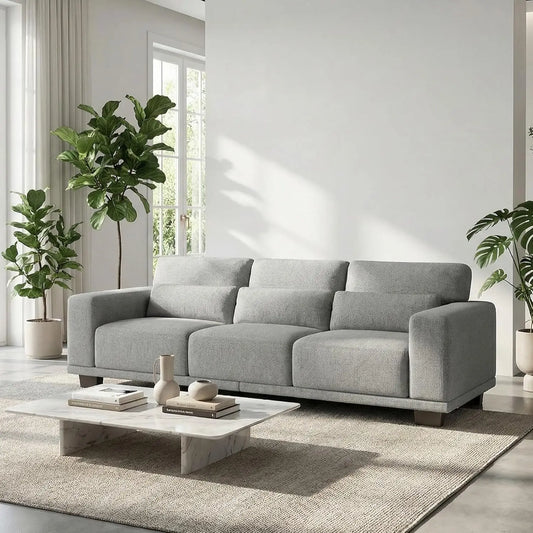 Modern 3 Seat Sofa Linen Upholstered Couch For Living Room