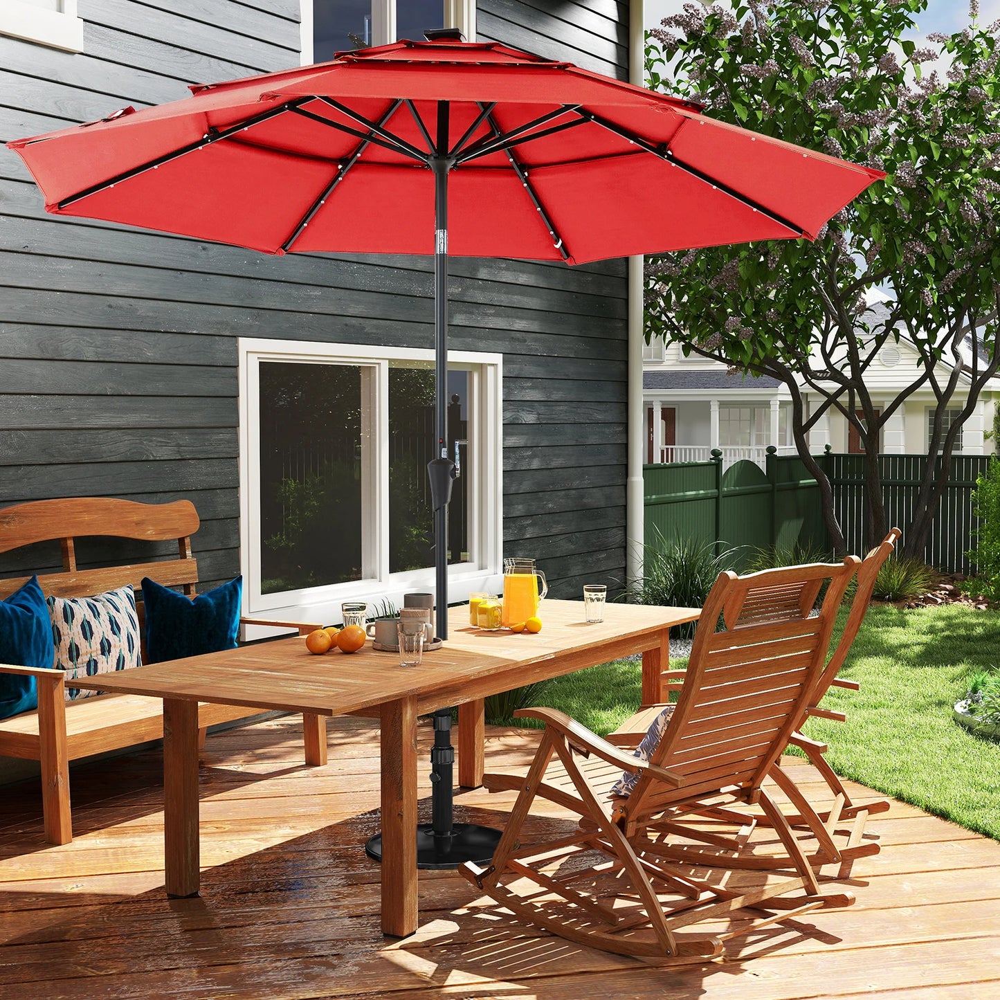 Solar LED Patio Umbrella With Tilt And Crank Lift 32 LED Lights UV Resistant