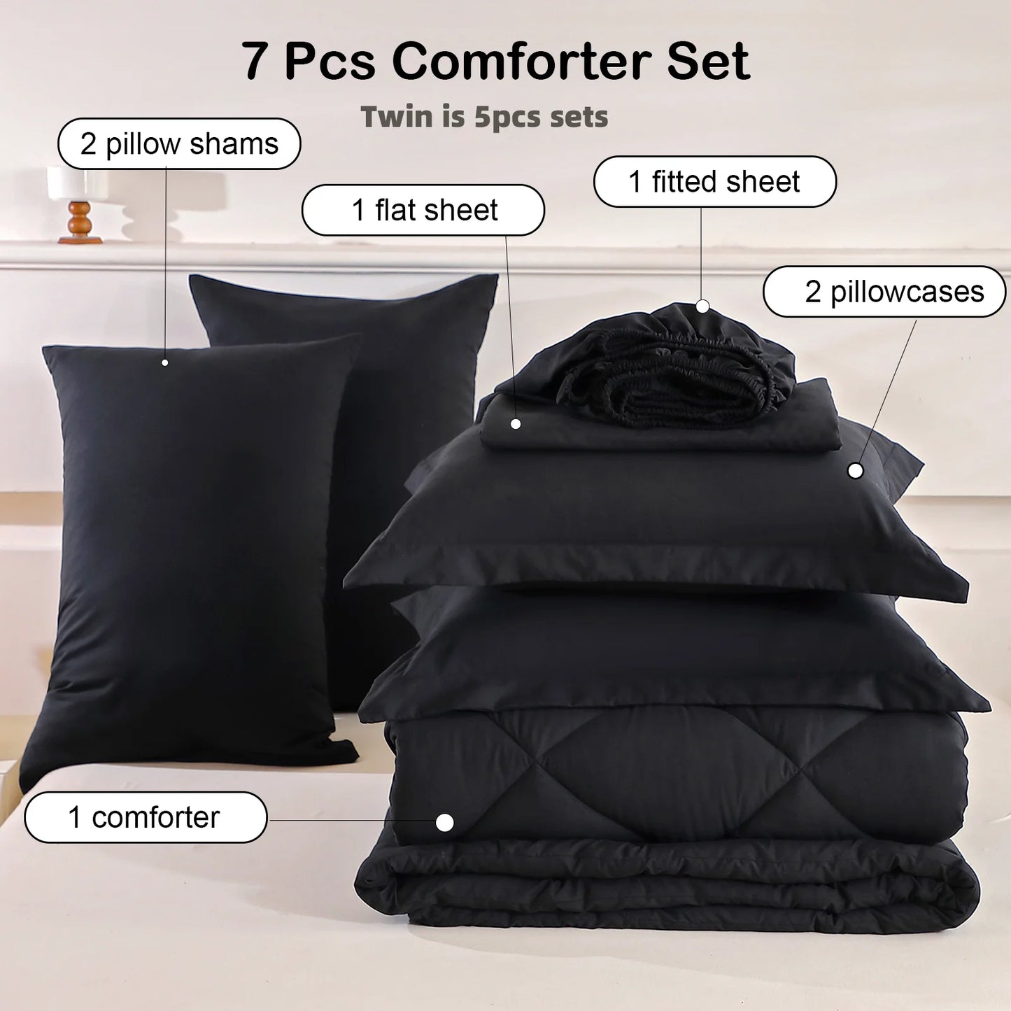 EasYum 7 Piece Bedding Set Quilted Comforter Flat Sheet Fitted Pillowcases