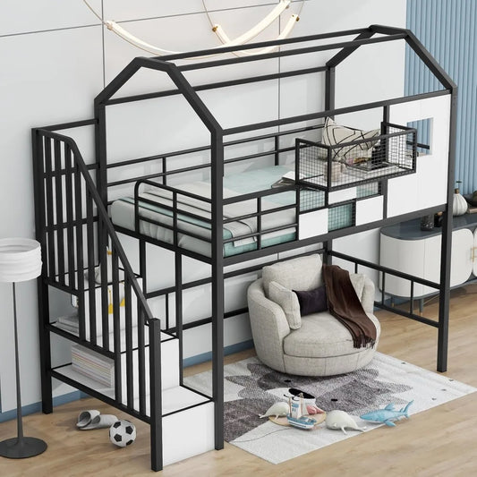 SOFTSEA Twin Size House Loft Bed with Stairs & a Storage Box, Stairway Metal Loft Bed with Roof for Kids, No Noise, Black