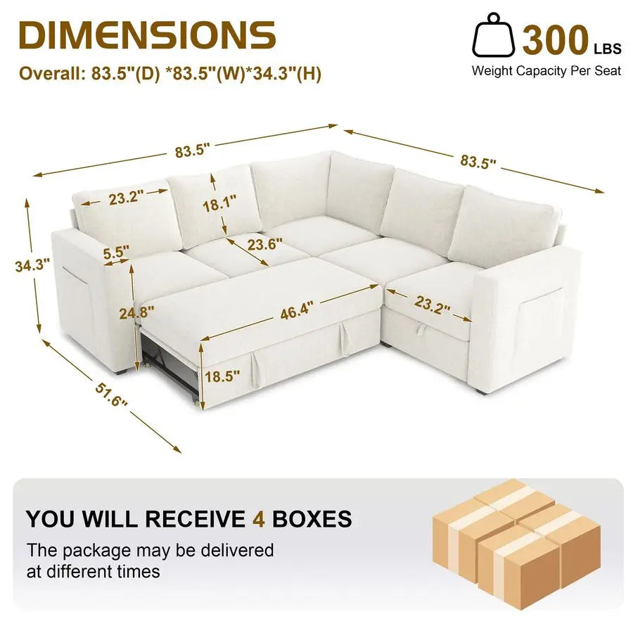 83.5 Sectional Sleeper Sofa with Pull Out Couch, Modern 5 Seat L Shaped Modular Couch, Sectionals Modular Sofa with S Customized