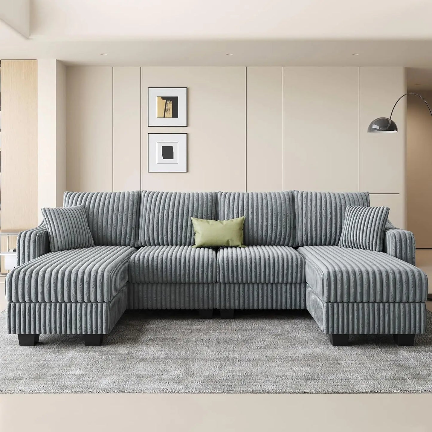 U Shape Reversible Sectional Sofa With Ottoman Corduroy Living Room