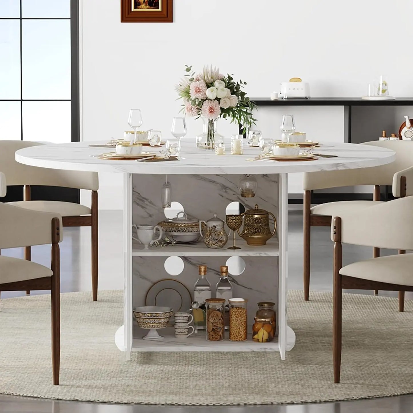 Modern Round Dining Table With Storage For Kitchen And Dining
