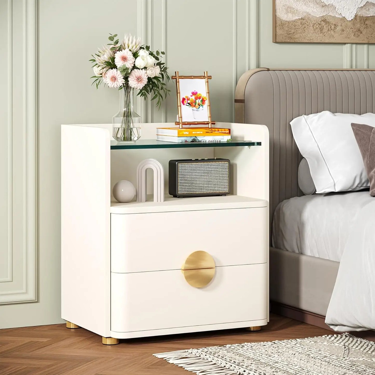 Little Tree Nightstand With 2 Drawers And Open Storage Shelf