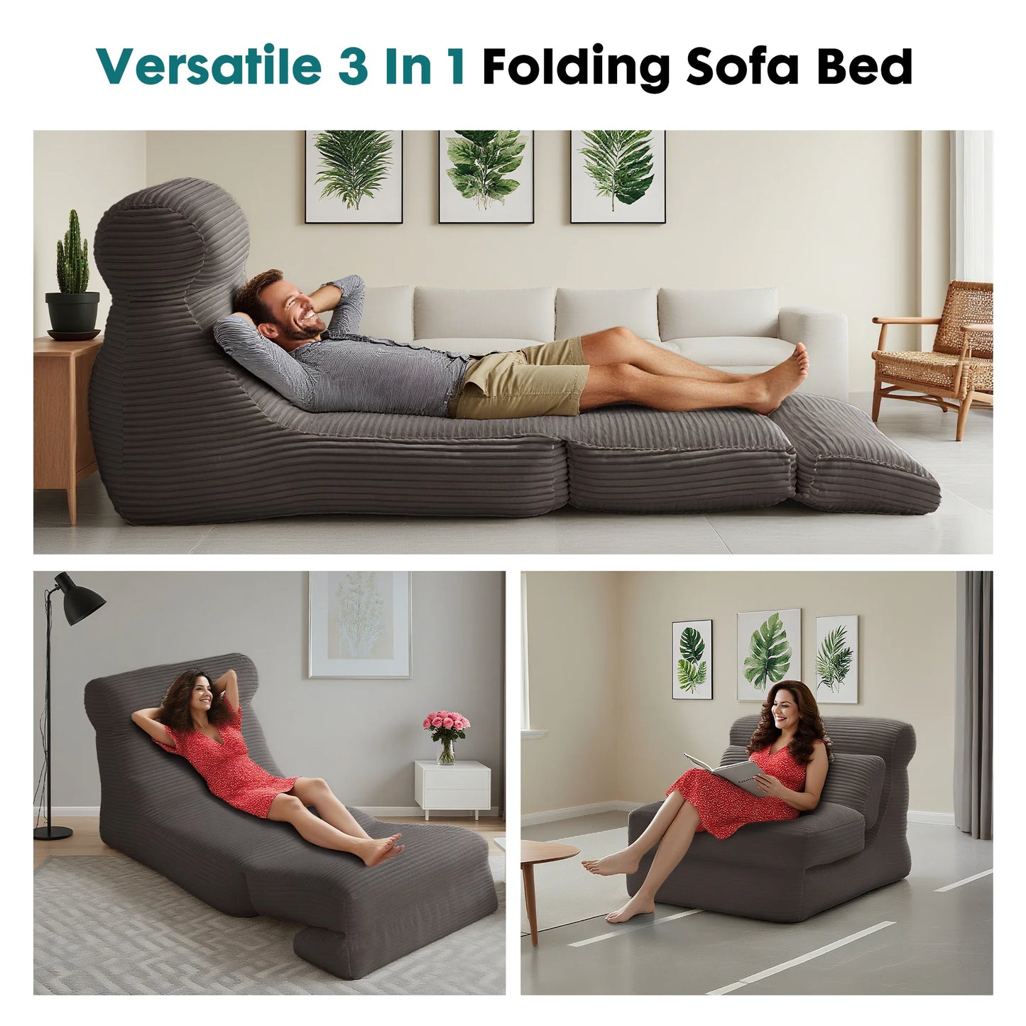 JHK Ergonomic Folding Sofa Bed With Back Lumbar Support Corduroy