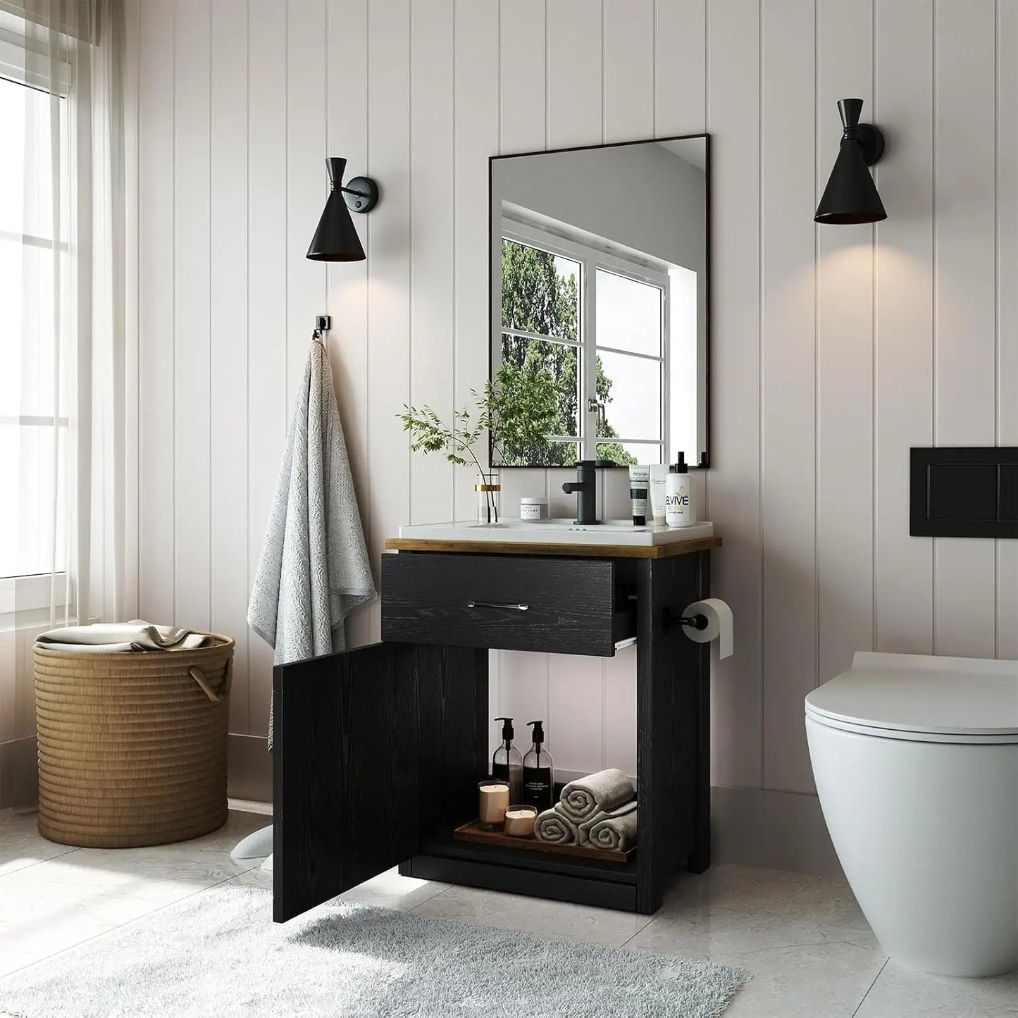 Bathroom Vanity With Sink Farmhouse Cabinet Drawer And Barn Door Towel Bar