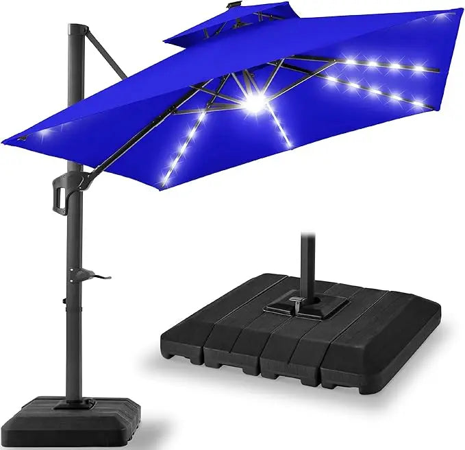 9x12ft LED Cantilever Patio Umbrella w/Base Included & 360° Rotation, Large Solar Offset Hanging Outdoor Sun Shade for Deck