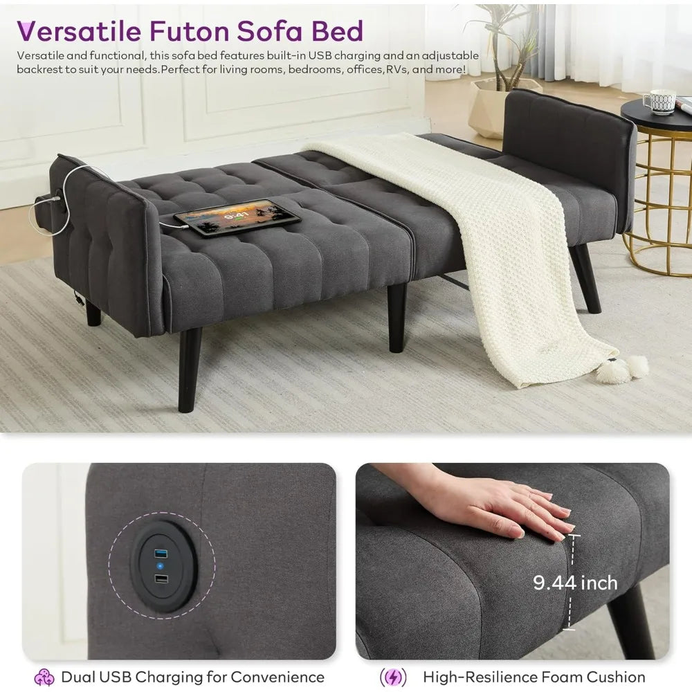 Futon Sofa Bed With USB Tufted Upholstered Loveseat Modern Mid Century