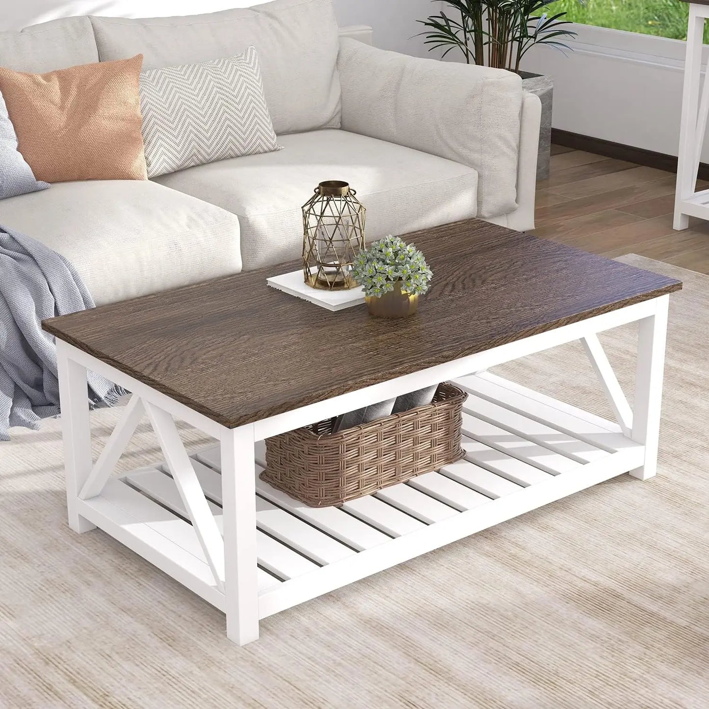 Rustic Vintage Farmhouse Coffee Table with Built-in Shelf, White Finish, Stylish Living Room Accent Furniture, 40-inch