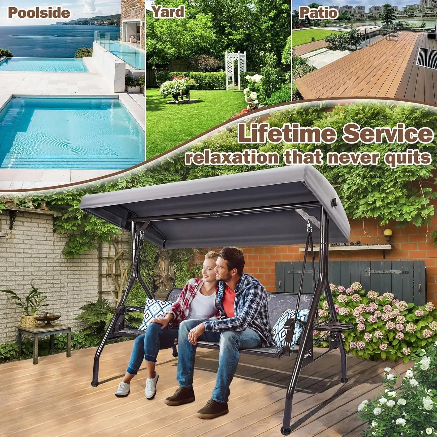3 Seat Patio Swing Chair With Adjustable Canopy Textilene