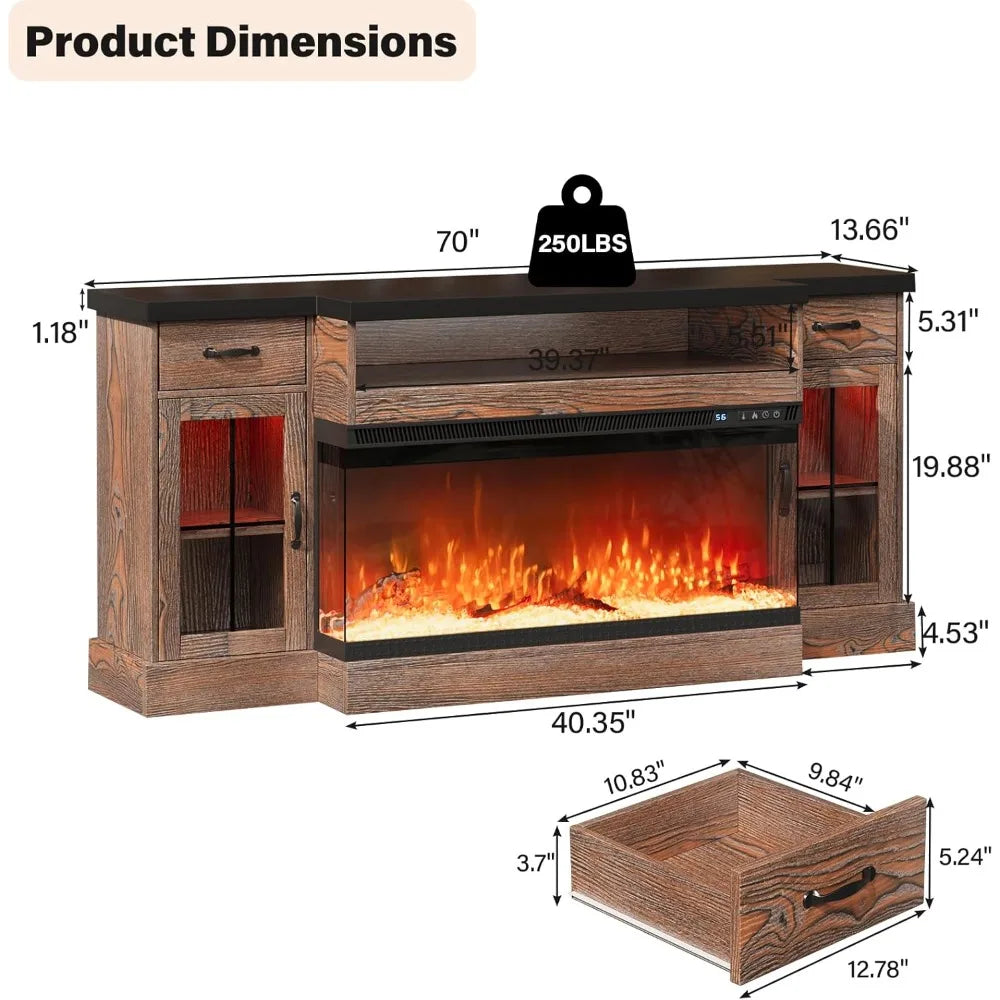 TV Stand with Fireplace, 70" Farmhouse Fireplace Entertainment Center with Storage Cabinets,TV Console for TV
