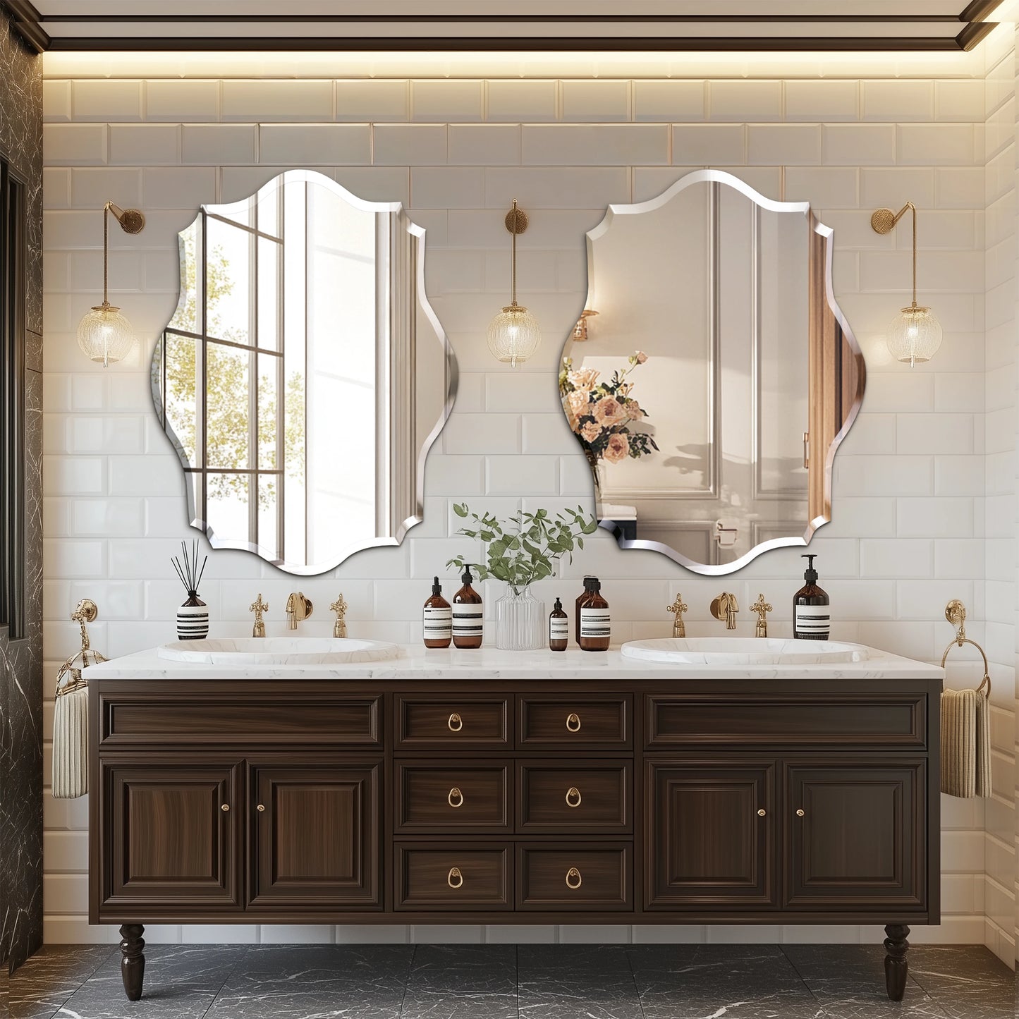 Wisfor Scalloped Frameless Wall Mirror With Beveled Edge For Bathroom