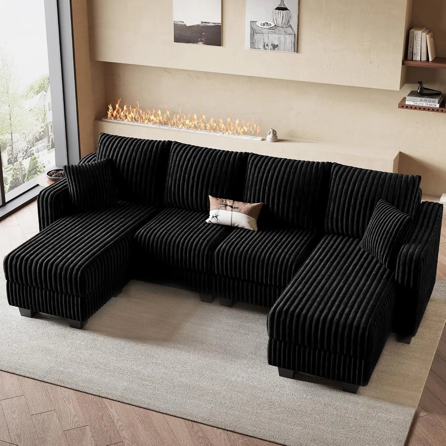 U Shape Reversible Sectional Sofa With Ottoman Corduroy Living Room