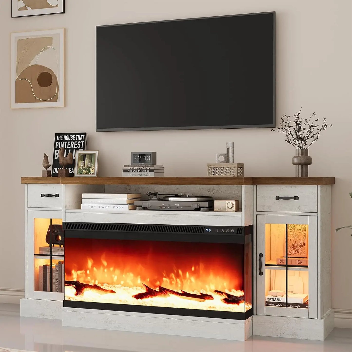 TV Stand with Fireplace, 70" Farmhouse Fireplace Entertainment Center with Storage Cabinets,TV Console for TV