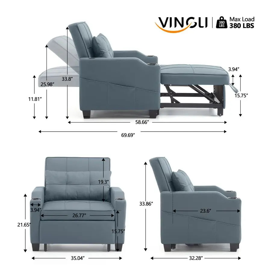 MBVM 3in1 Convertible Sofa Bed With USB Ports Cupholders