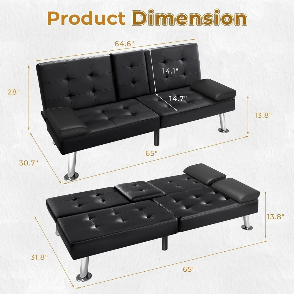 Futon Sofa Bed Faux Leather Couch With Cup Holders