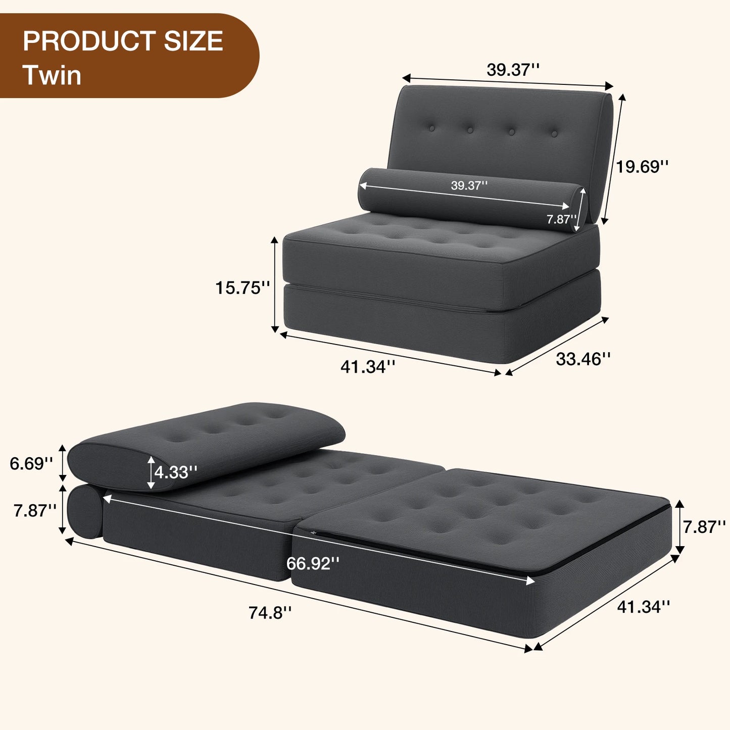 Folding Sofa Bed With Back Support Pillows For Living Room