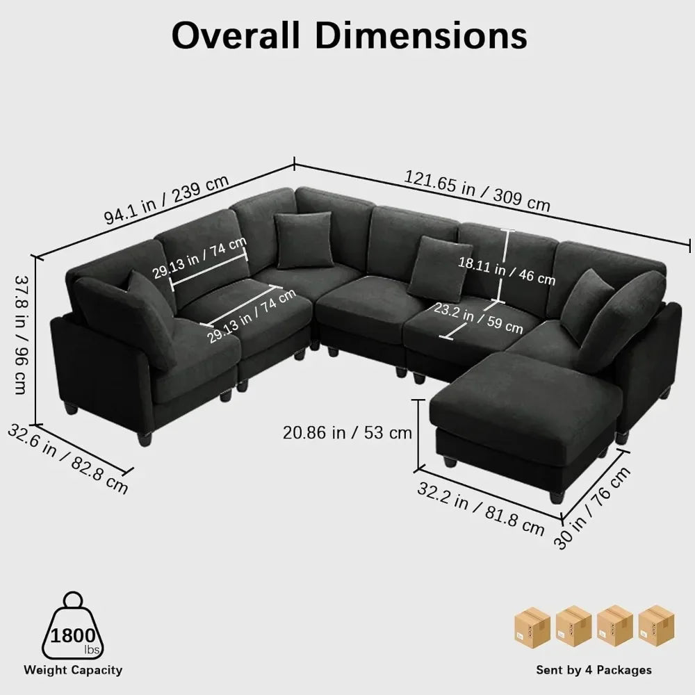Guangbai Seven Seater Chenille Cloud Couch With Movable Ottoman Sofa
