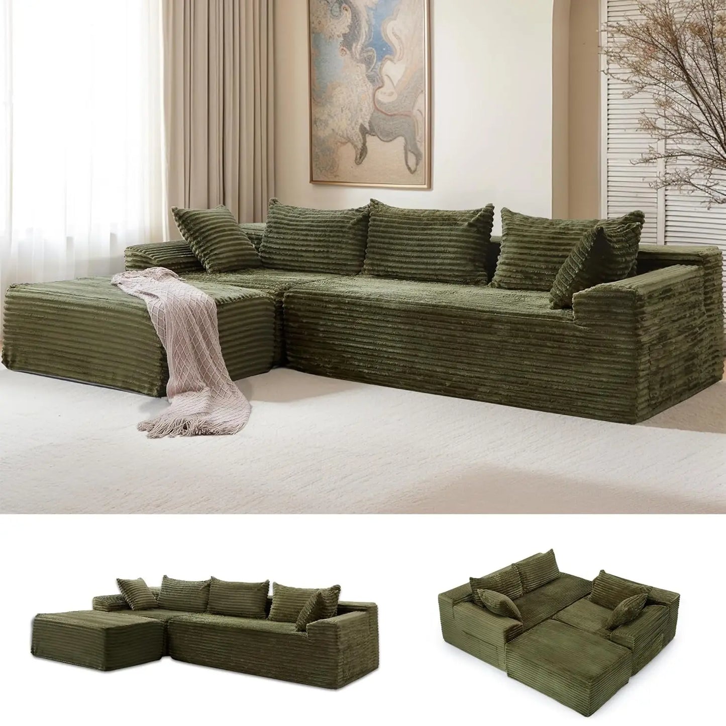 Modular Sectional Sofa L-Shape Chaise Cloud Couch Living Room Corduroy