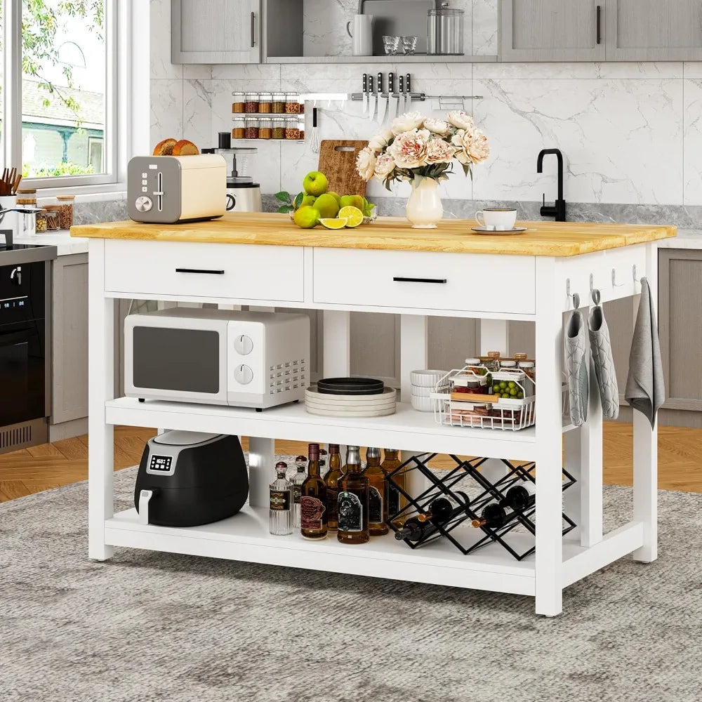 DAFIFY Solid Rubberwood Kitchen Island With Power Outlets