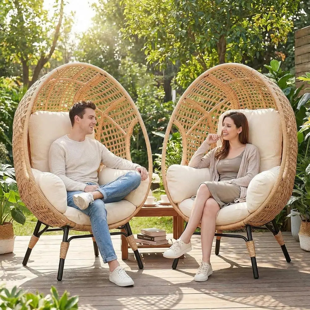 Double Set Indoor/Outdoor Wicker Egg Chairs with Cushion for Patio, Living Room, Balcony, or Backyard (Beige-Grid)