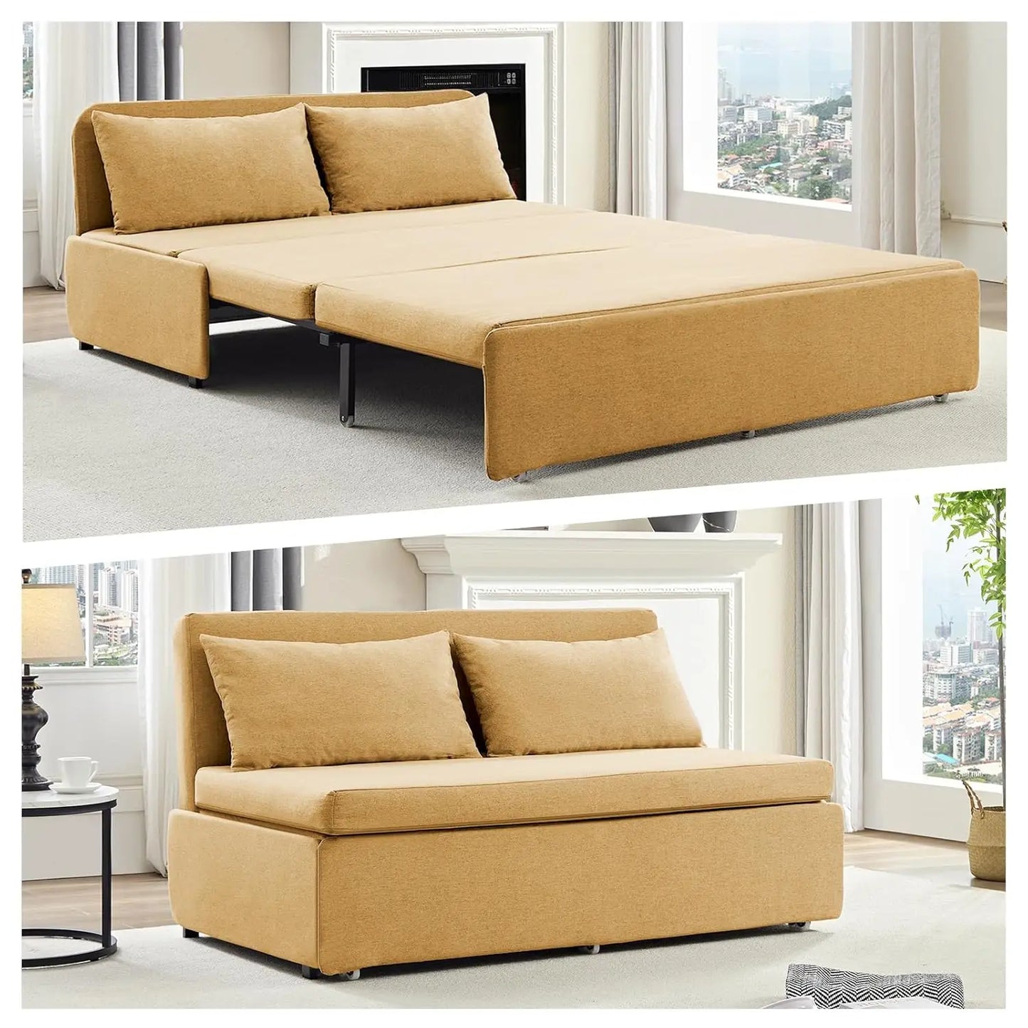 Queen Pull Out Sofa Bed Linen Convertible Couch With Pillows