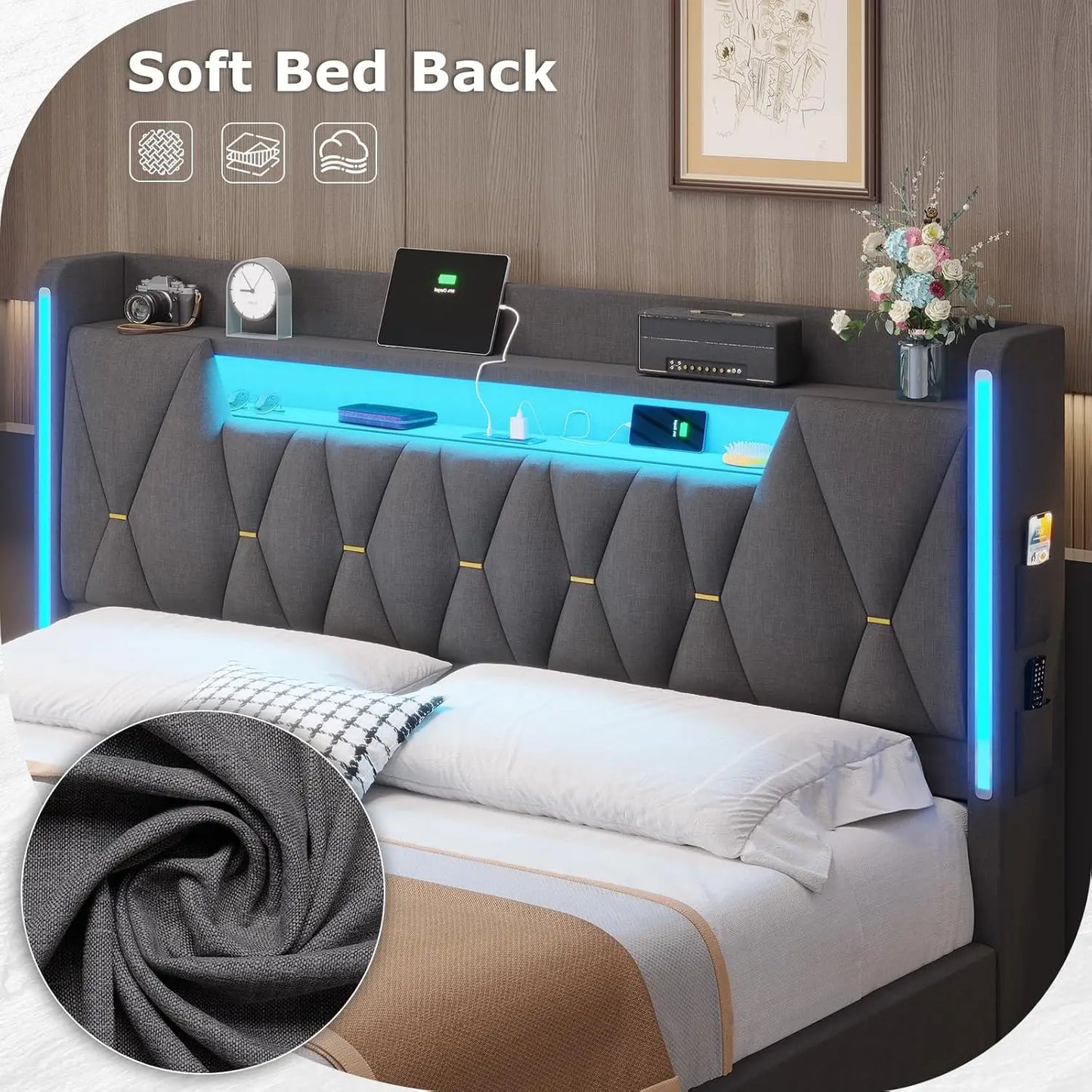 LED Bed Frame With Charging Station And Upholstered Headboard