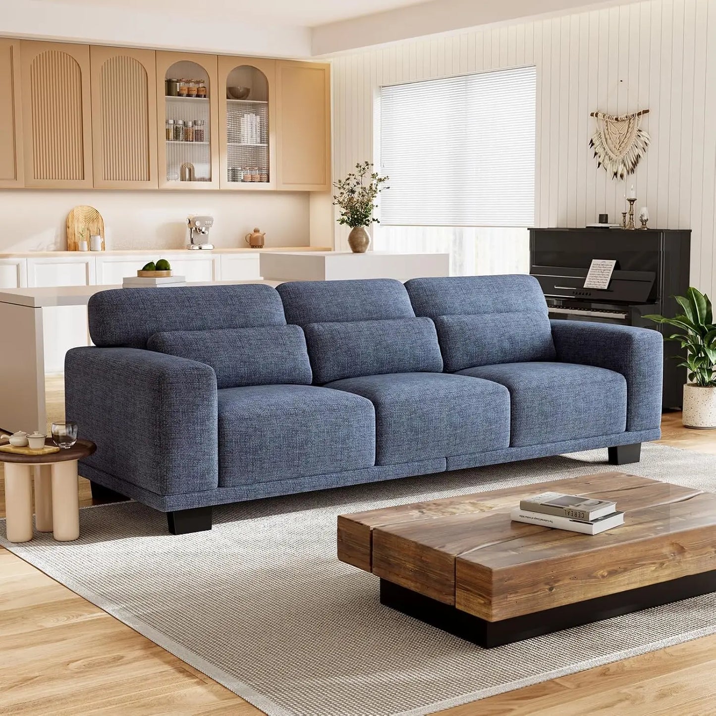 Modern 3 Seat Sofa Linen Upholstered Couch For Living Room