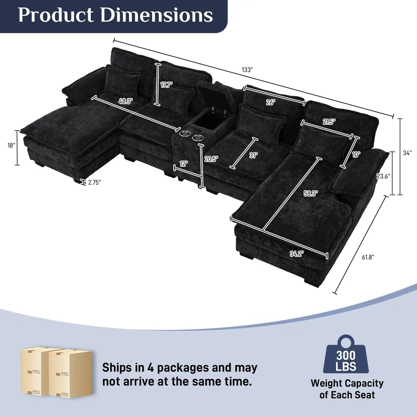 U Shaped Modular Sectional Sofa Chenille With Double Chaise Storage Console USB