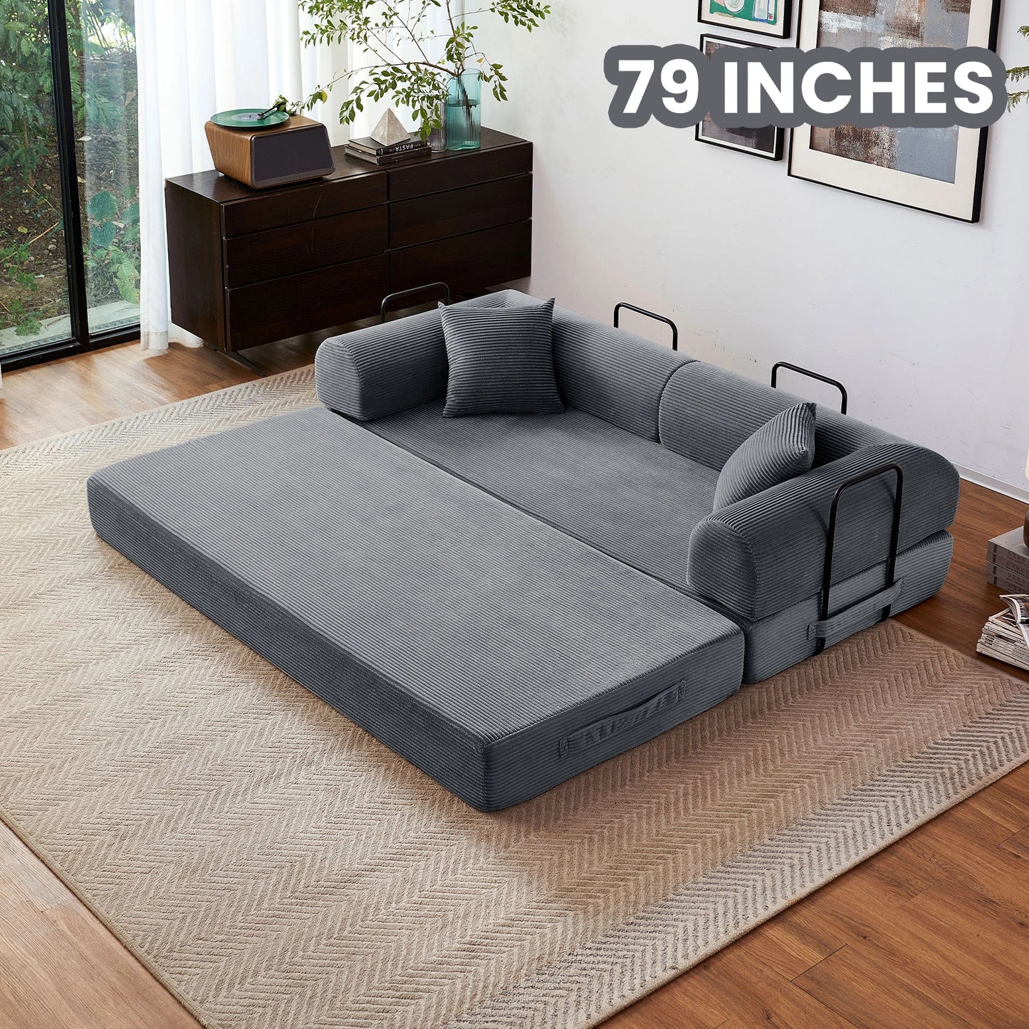 Foldable Convertible Futon Sofa Bed With L Shaped Armrests