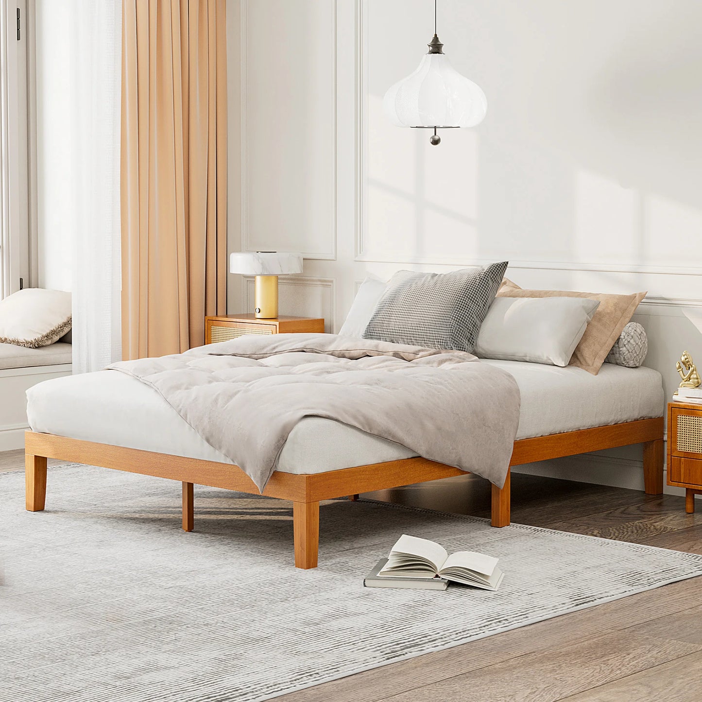 JHK Solid Wood Bed Frame With Sturdy Slat Support EcoFriendly