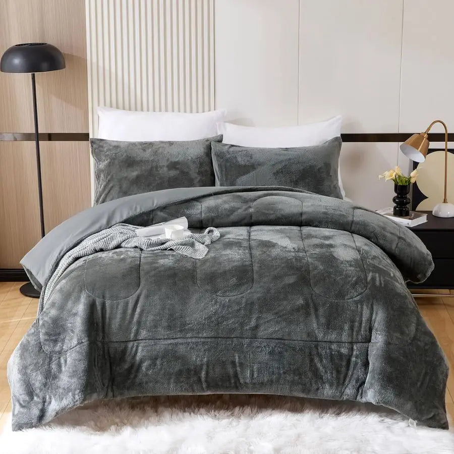 Faux Fur Comforter Set Plush Ultra Soft Bedding For Winter