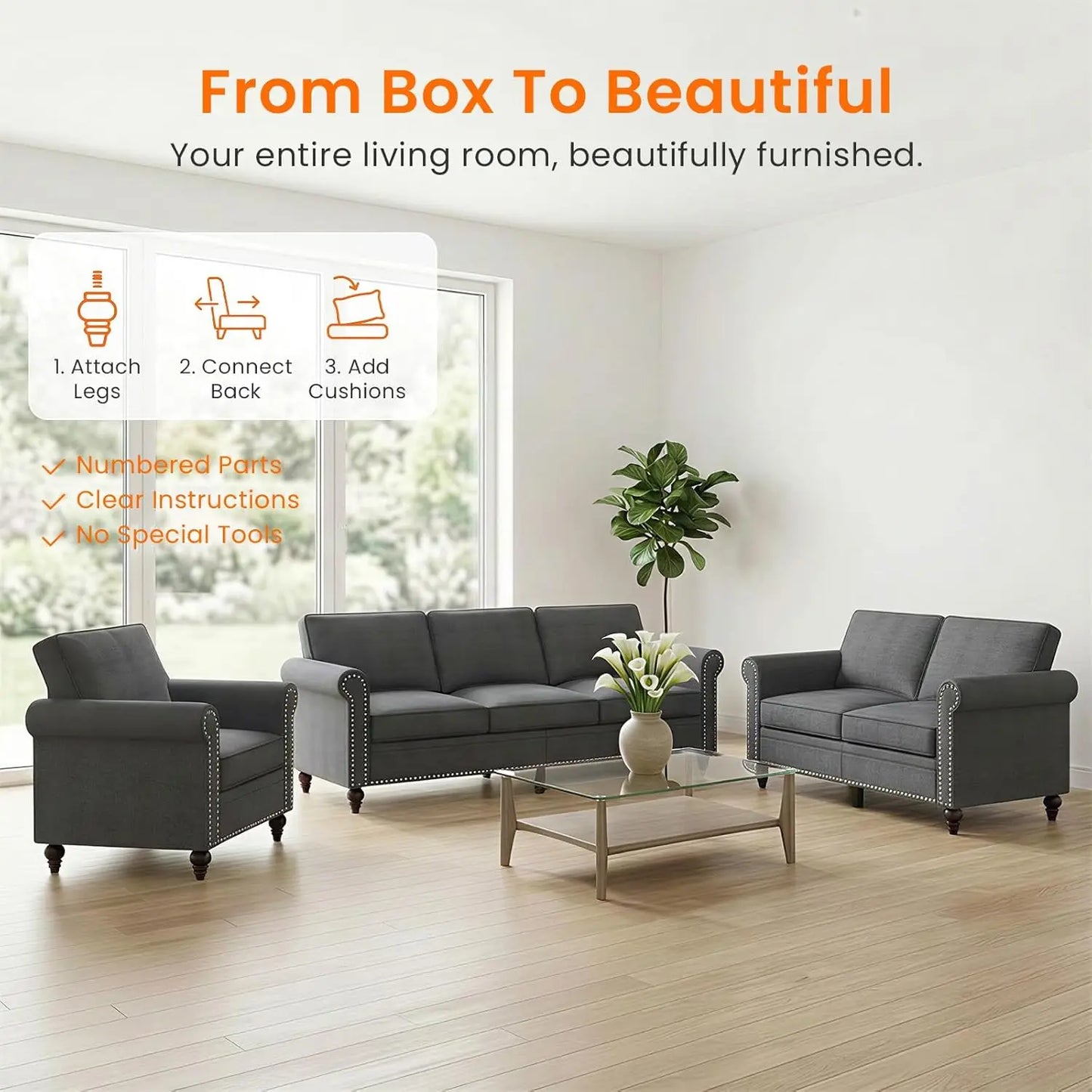 3 Piece Linen Sofa Set With Nailhead Trim For Living Room