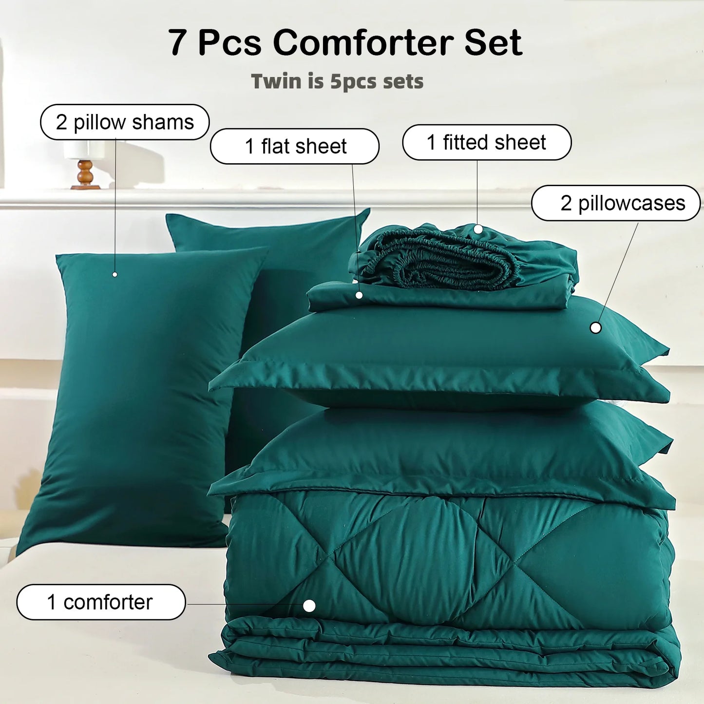 EasYum 7 Piece Bedding Set Quilted Comforter Flat Sheet Fitted Pillowcases