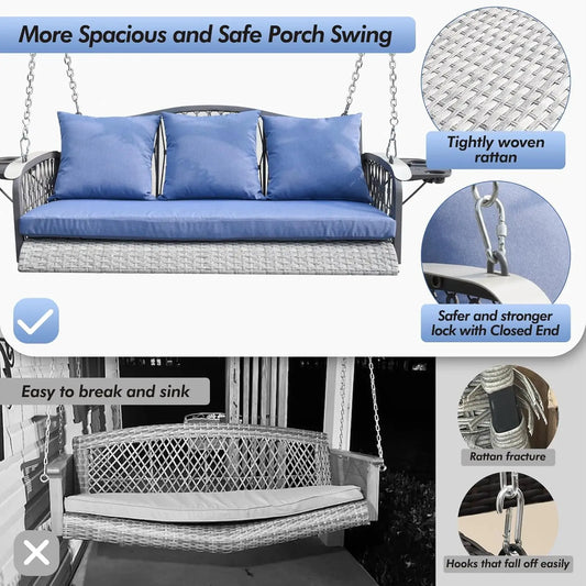 Outdoor Wicker Porch Swing Chair With Cushions And Cup Holders