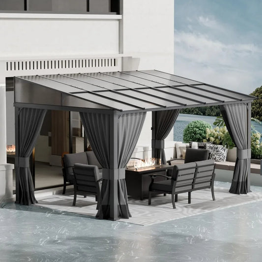 DUOFU Wall Mounted Gazebo Hardtop Metal Frame With Curtains Patio
