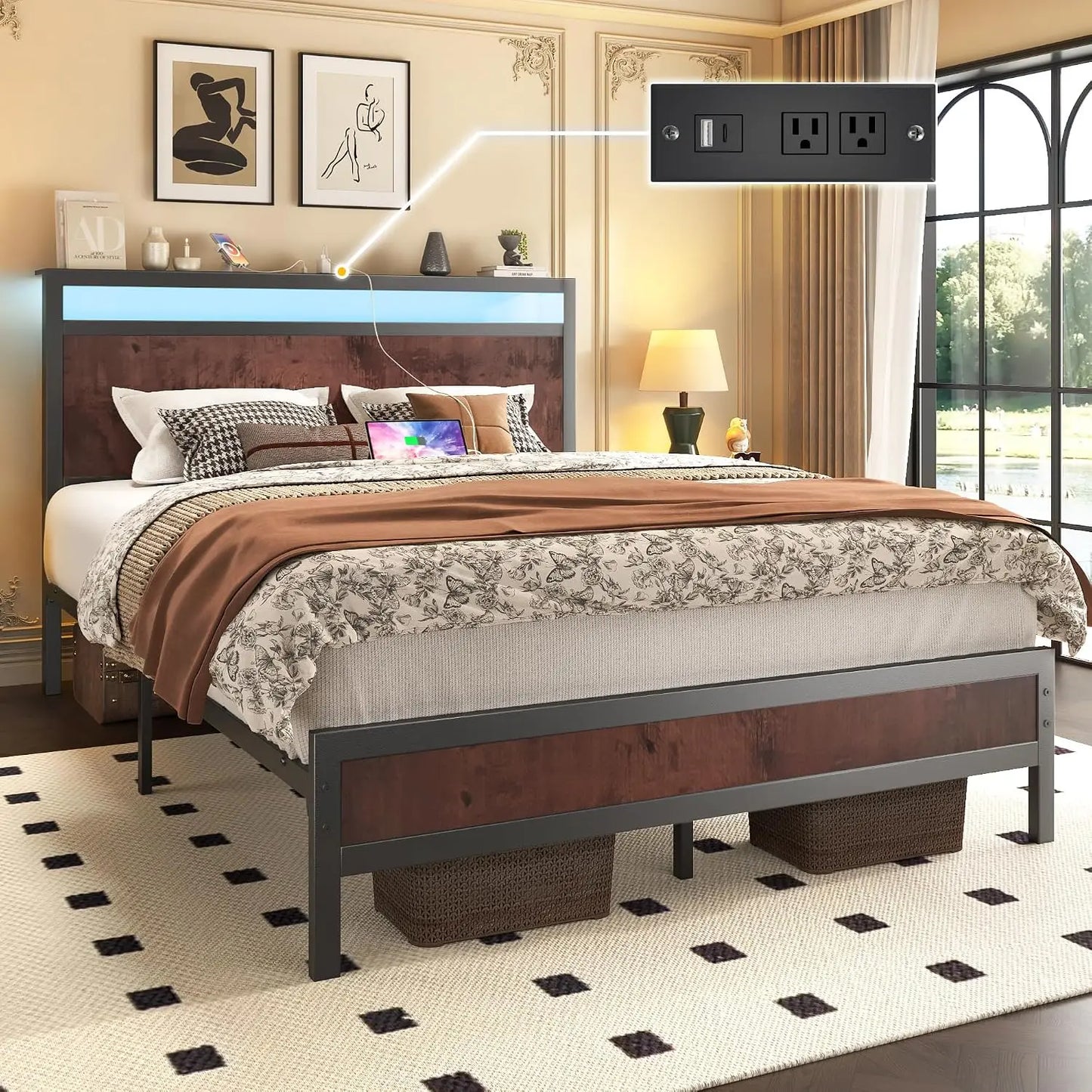Bed Frame With Headboard And Footboard With USB Charging And LED Light