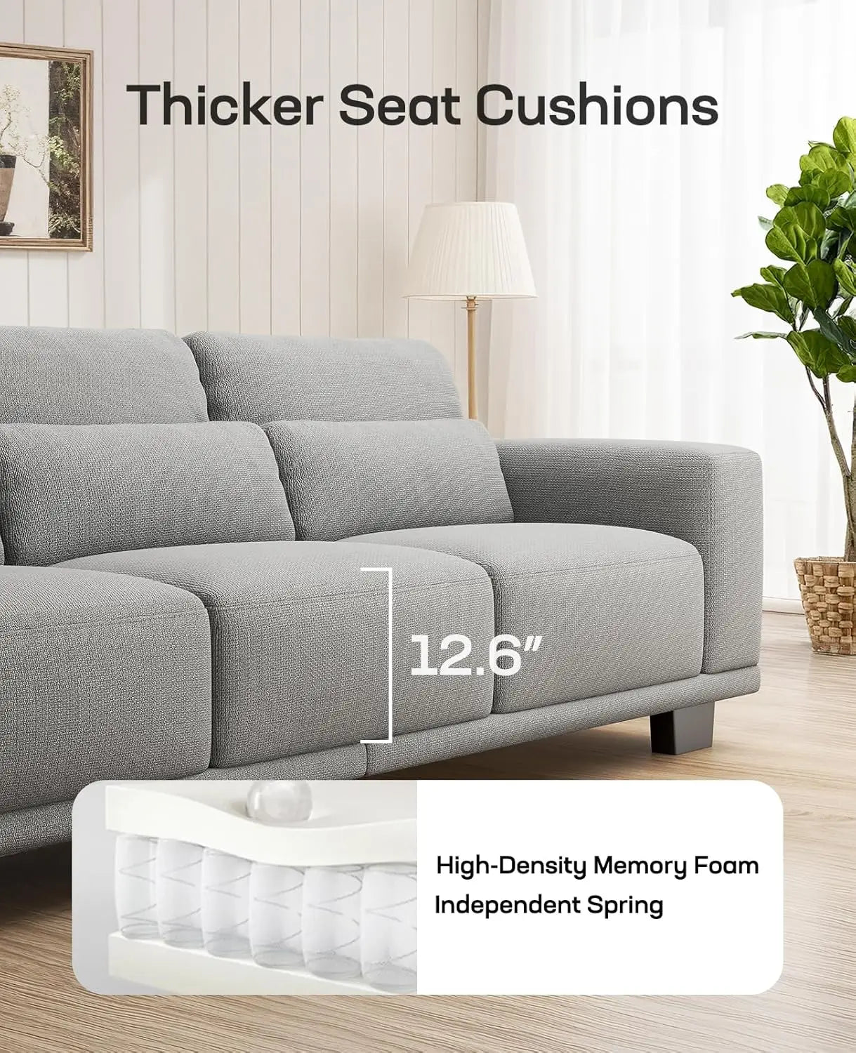 Modern 3 Seat Sofa Linen Upholstered Couch For Living Room