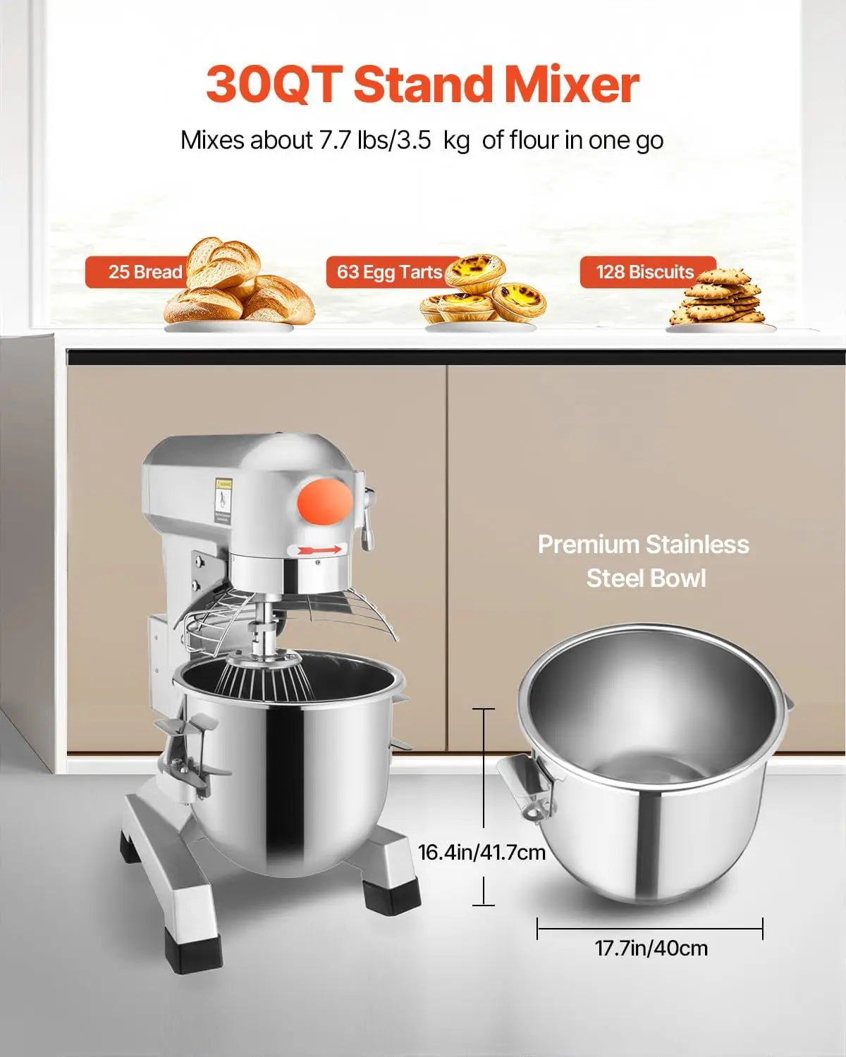 Electric Food Mixer 1250W Heavy Duty Stainless Steel Bowl