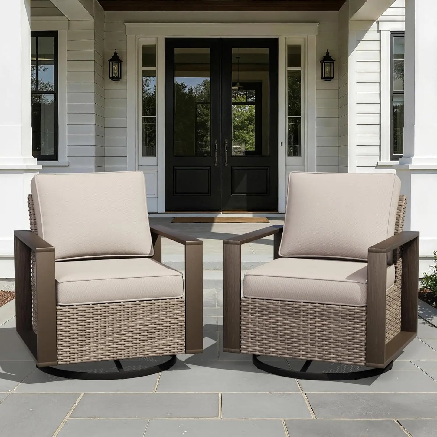 Outdoor Swivel Rocker Chairs Set 2 Pieces Wicker Rattan Cushions