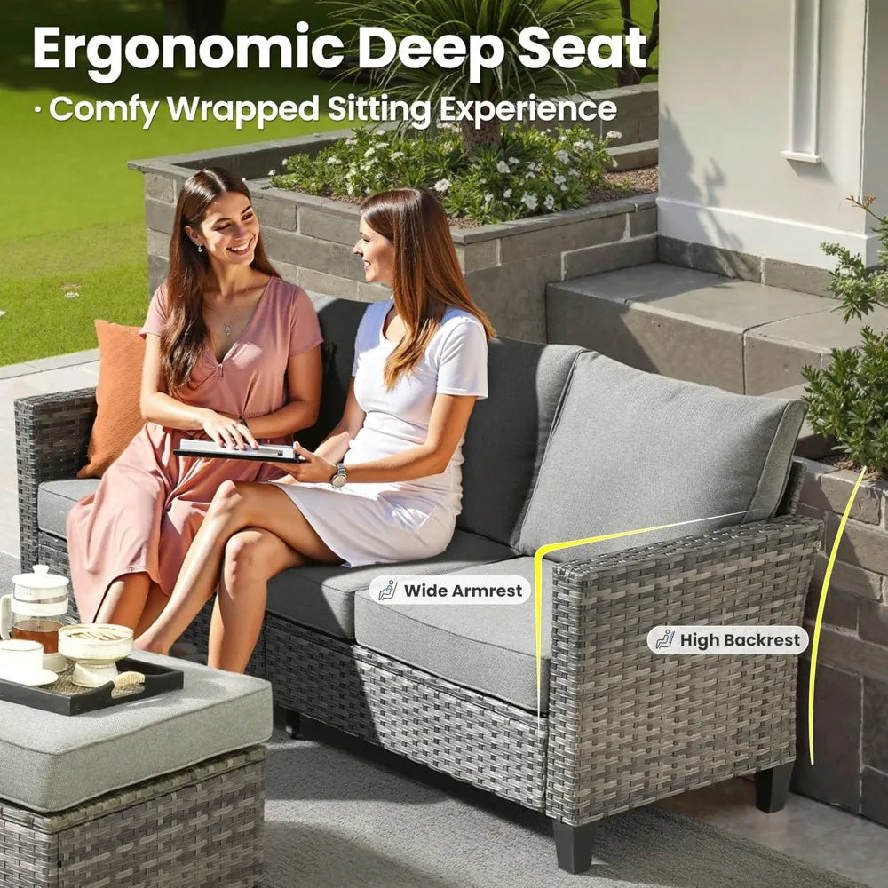 Patio Furniture Set, 5 Pieces Outdoor Wicker Sofa Couch With Chairs, Ottomans And Comfy Cushions, All Weather High, Customized