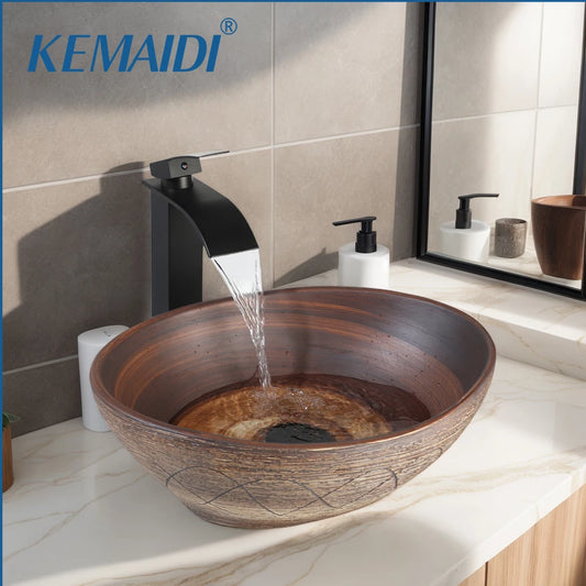 KEMAIDI Artistic Oval Wood Grain Vessel Sink Set With Faucet