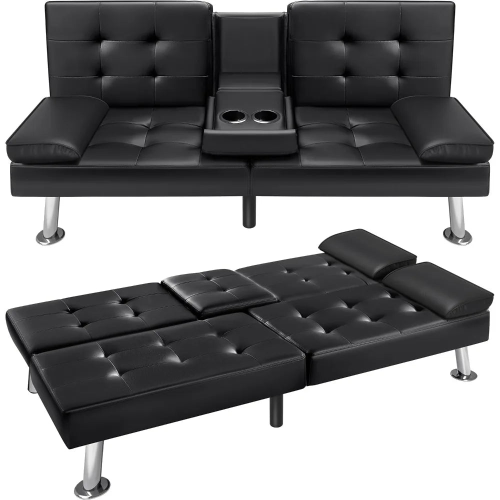Futon Sofa Bed Faux Leather Couch With Cup Holders