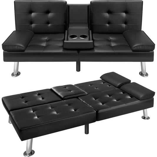 Futon Sofa Bed Faux Leather Couch With Cup Holders