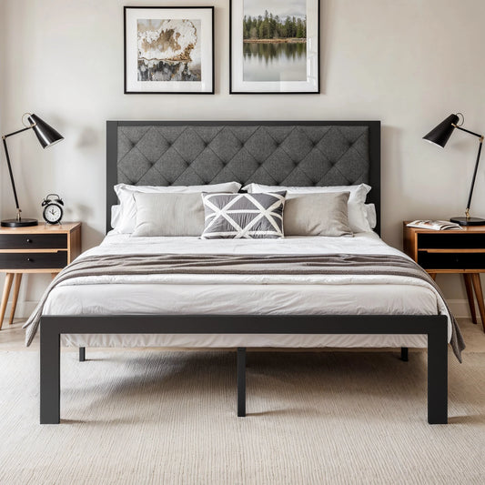 HOOMIC Metal Bed Frame With Upholstered Headboard Linen Fabric