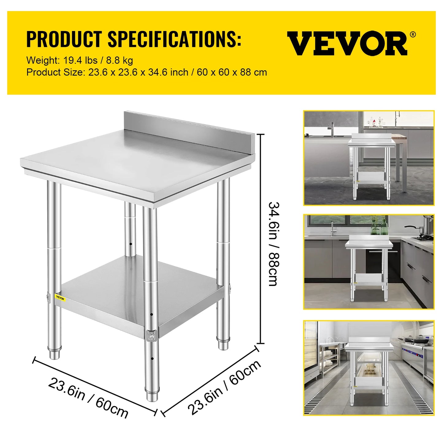 Stainless Steel Kitchen Work Bench With Undershelf 330 LBS Capacity
