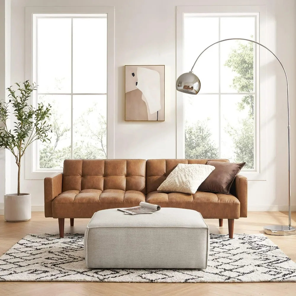 Mid Century Futon Sofa Bed PU Leather Loveseat Wood Frame