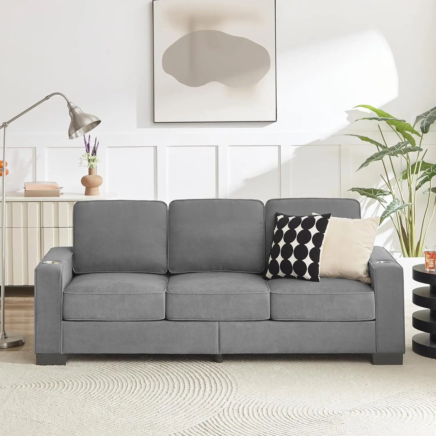Snowfleece 3 Seater Upholstered Sofa With Cup Holders