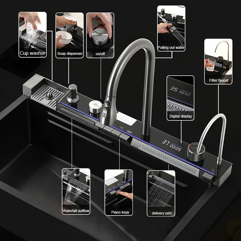 Wanmivezlo 304 Stainless Steel Waterfall Kitchen Sink Faucet Set